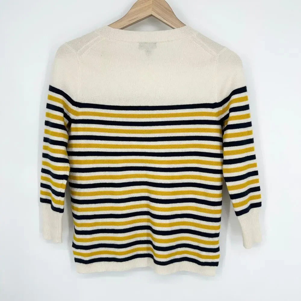 J. Crew 100% Cashmere Everyday Striped Crew Neck Sweater 3/4 Sleeve Preppy